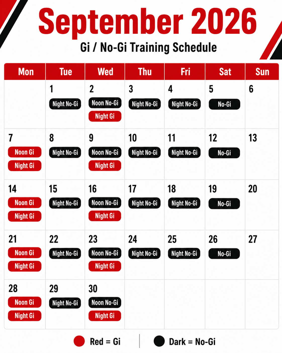 Brazilian Jiu-Jitsu Gi and No-Gi training schedule for September 2026