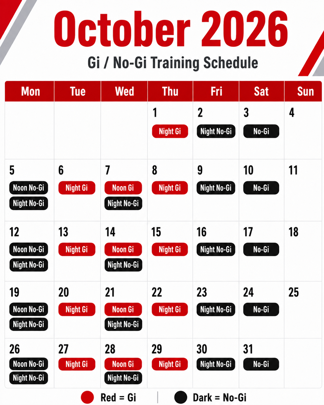 Brazilian Jiu-Jitsu Gi and No-Gi training schedule for October 2026